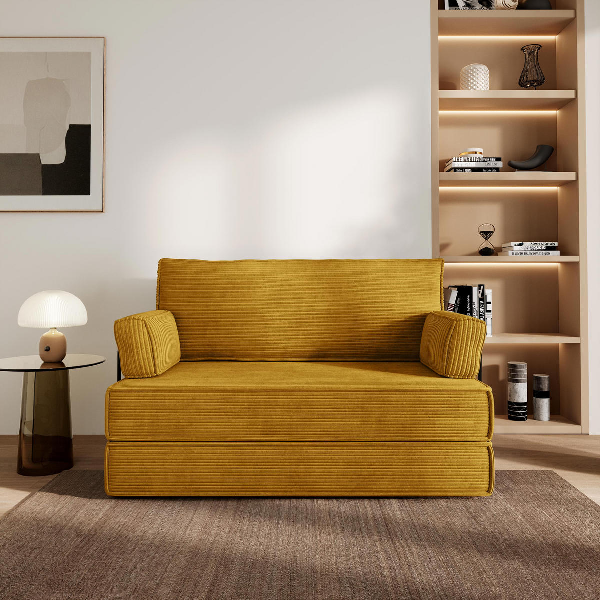 BETTSOFA LADIA aus Schaumstoff Cordstoff Gelb Schlaffunktion - Gelb, Textil (140/86/60cm) - MASSENO