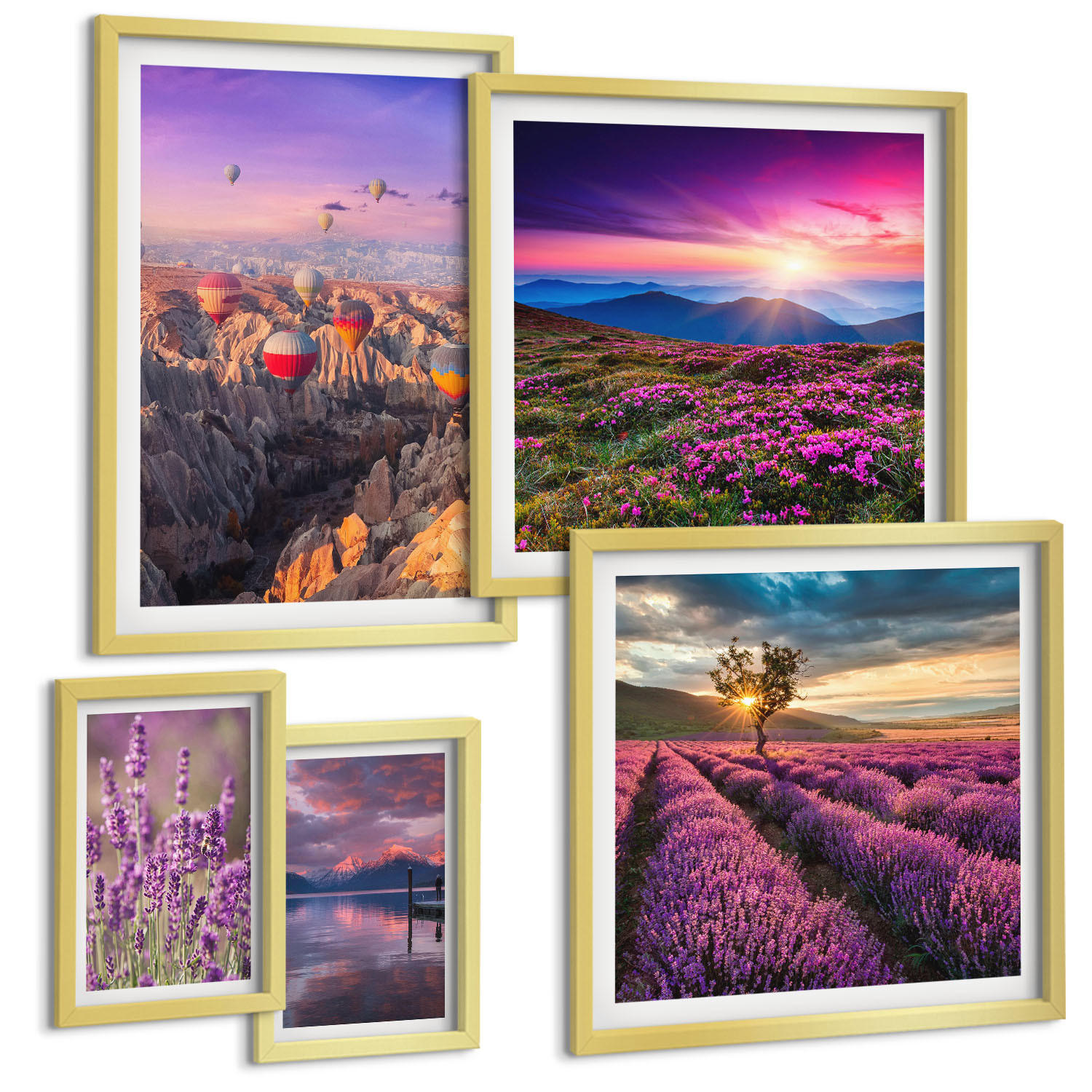 BILDER SET 5er Set - 50x50 cm & 20x30 cm & 40x60 cm Goldrahmen - Sonnenuntergang auf Lavendelfeldern - Goldfarben, Kunststoff (40/60cm) - TULUP