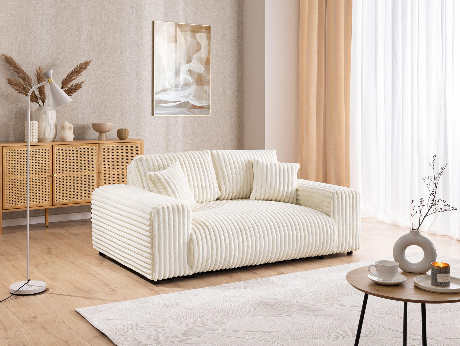 SITZGARNITUR 2+1 Mollis Hellbeige Plüschcord - Beige/Schwarz, Holz/Kunststoff (178/79/108cm) - S-Style Möbel