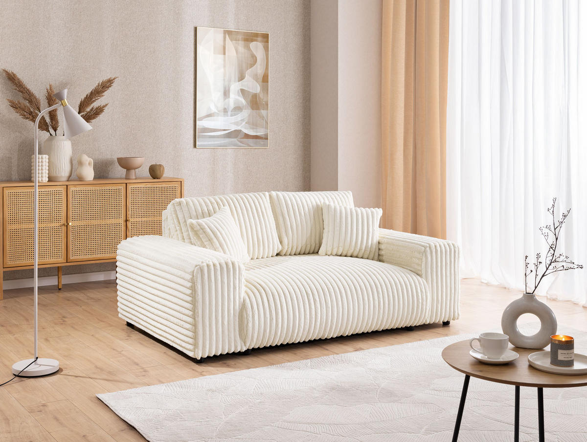 SITZGARNITUR 3+2+1 Mollis Hellbeige Plüschcord - Beige/Schwarz, Holz/Kunststoff (213/79/108cm) - S-Style Möbel