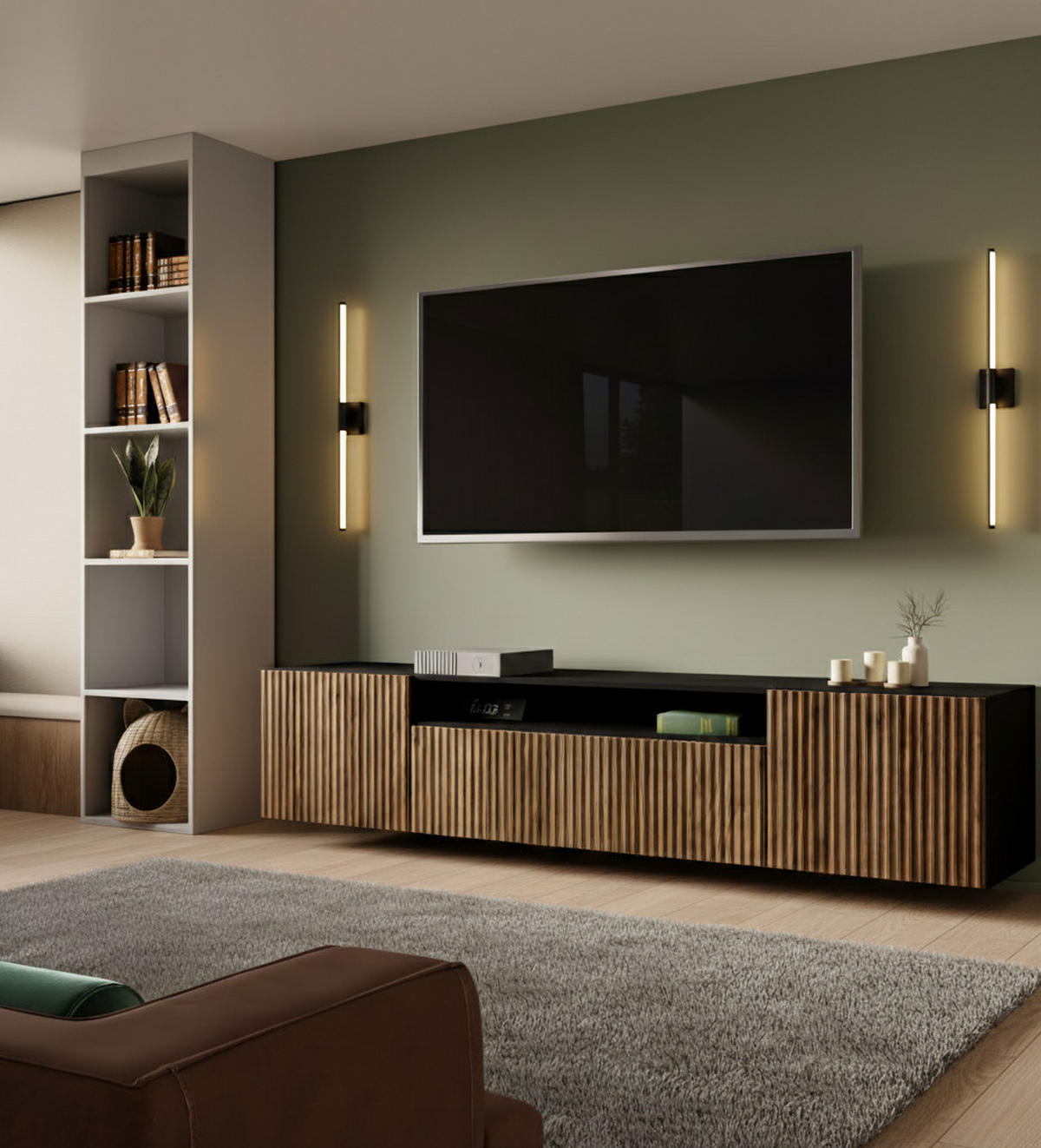 LOWBOARD Noa, Hängender TV-Schrank mit Push-to-Open System, schwarz+eiche Catania - Eichefarben/Schwarz, Holzwerkstoff (200/41/40cm) - AN-Moebel 4u