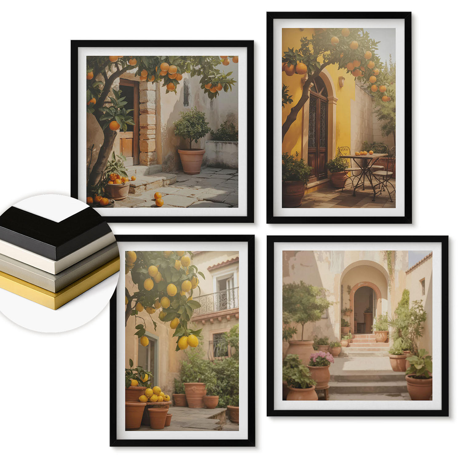 WANDBILDER 4er-Set - 50x50 cm & 40x60 cm Schwarzer Rahmen - Terrasse mit Zitrusbäumen - Schwarz, Kunststoff (50/50cm) - ArtPrintCave