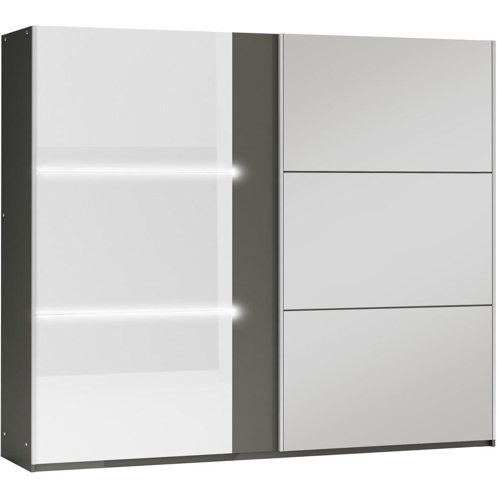 SCHWEBETÜRENSCHRANK Tessa mit 2 Türen und Spiegel, 250 cm, Graphit+Weiß - Graphitfarben/Weiß, Holzwerkstoff (250/215/65cm) - Beautysofa