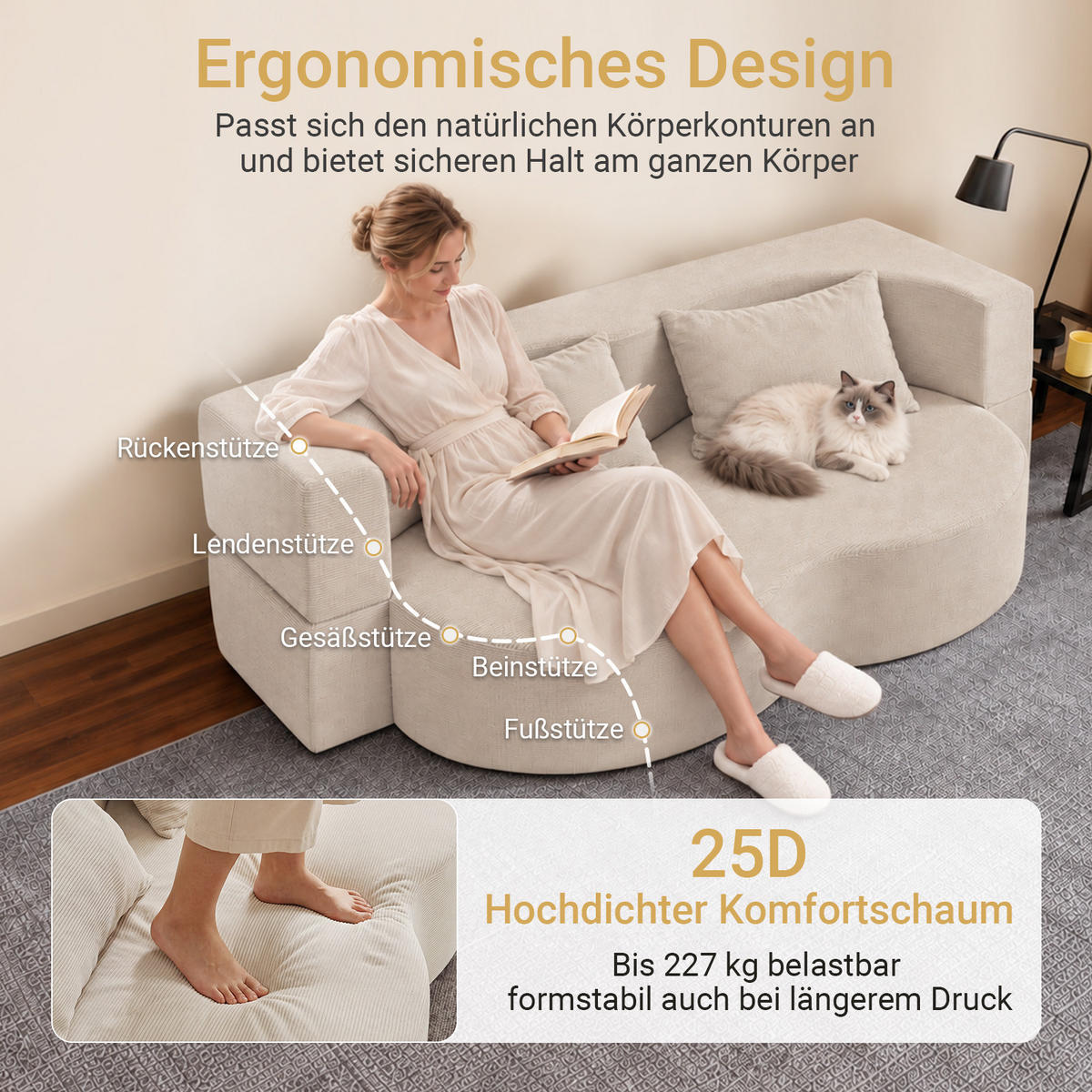 SCHLAFSOFA mit Bettfunktion und waschbarem Cordbezug FST101-MI - Beige, Textil/Metall (177/32/107cm) - SoBuy