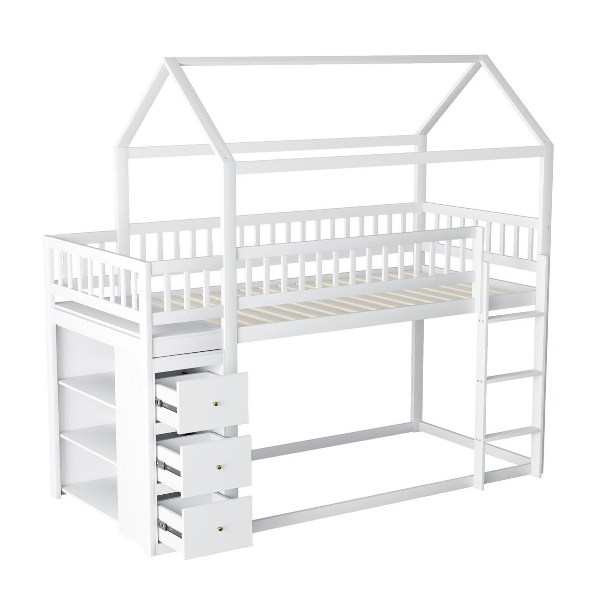 ETAGENBETT 90/200 cm Hausform mit Aufbewahrungskommode und Regalen - Weiß, Holz (90/200cm) - OKWISH