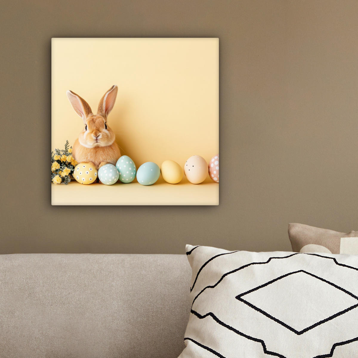 LEINWANDBILD Eier - Kaninchen - Pastellfarbtöne Deko Wohnzimmer 20x20 cm - Hellgelb, Textil (20/20cm) - MuchoWow
