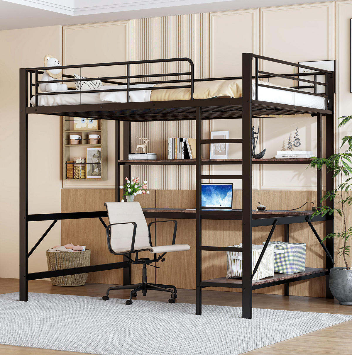 HOCHBETT 140/200 cm Schwarz aus Metall mit Schreibtisch - Schwarz, Metall (140/200cm) - OKMYHOME