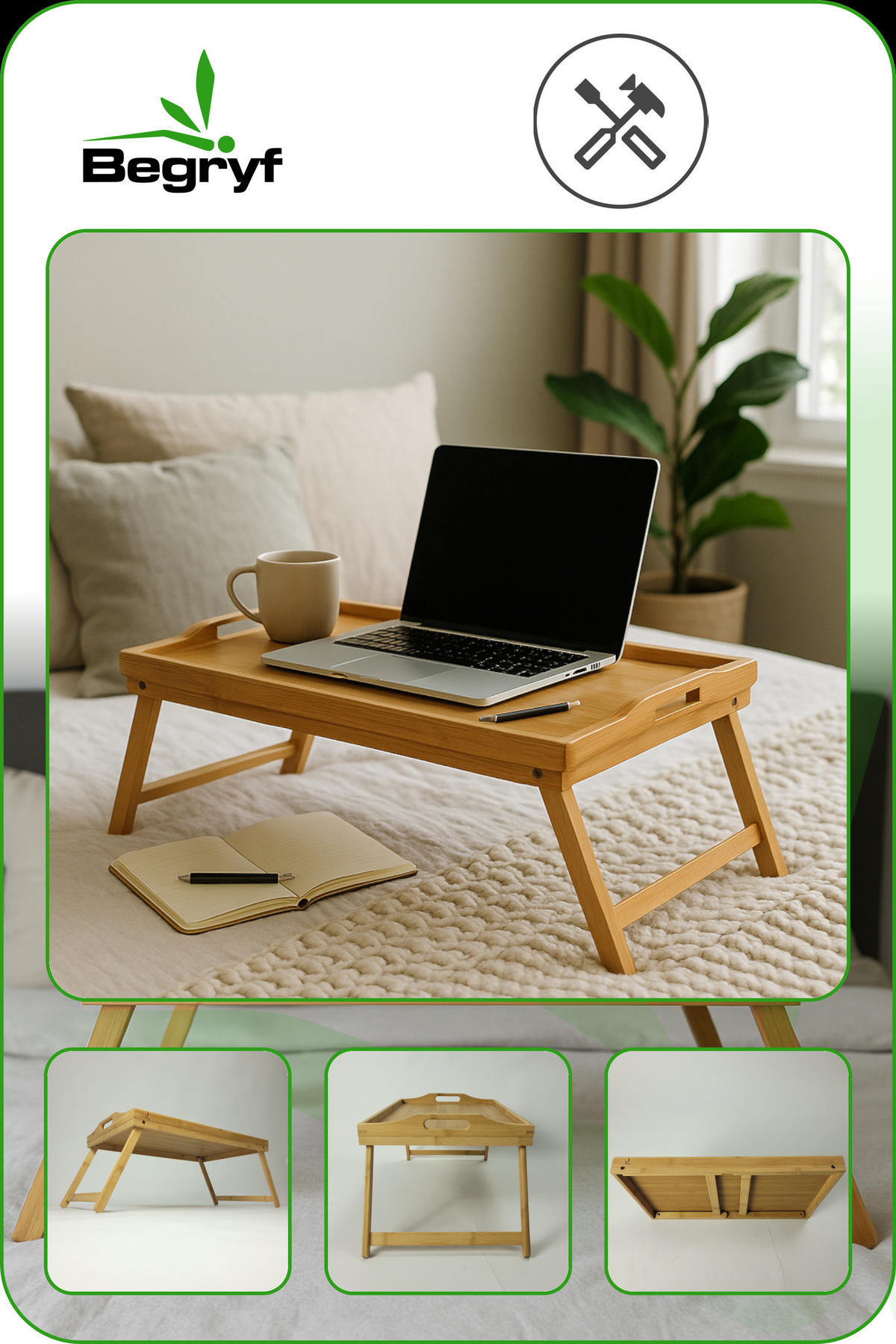 FRÜHSTÜCKSTABLETT Bambus Naturfarben klappbare Beine 66x31x22 cm - Naturfarben, Holz (50/5.8/31cm) - Begryf