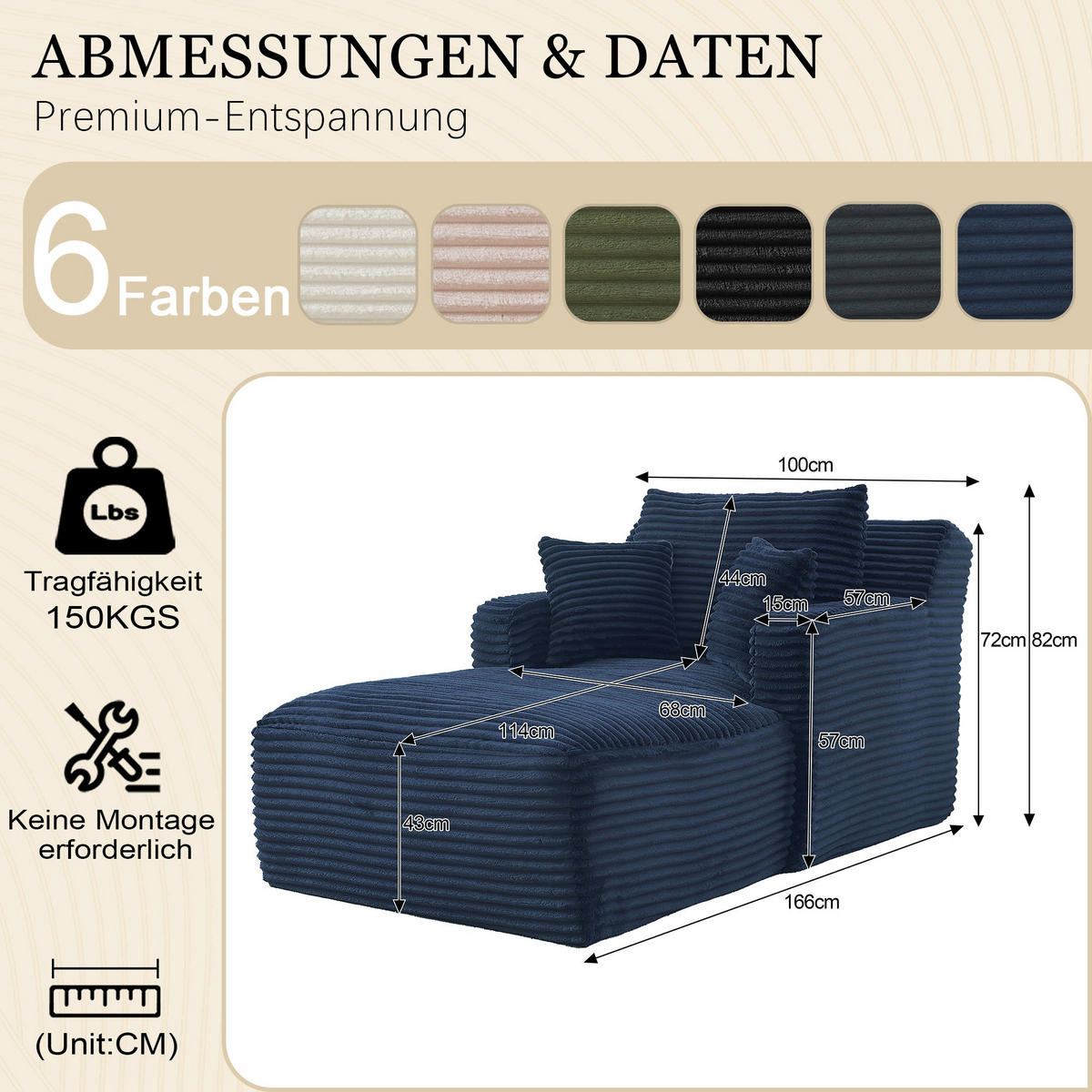 RELAXSESSEL aus Cord Modulare Chaiselongue & ohne Montage - Blau, Textil (33/127/33cm) - Urban Meuble