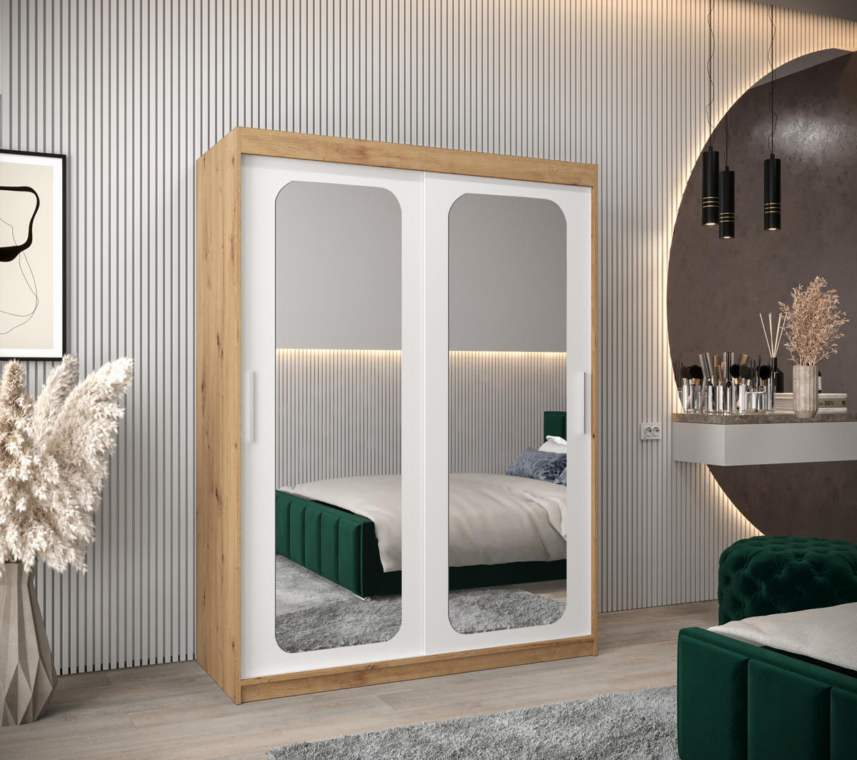 SCHWEBETÜRENSCHRANK 200/150/62 2-türig - Silberfarben/Weiß, Holz/Kunststoff (150/200/62cm) - Abiks Möbel