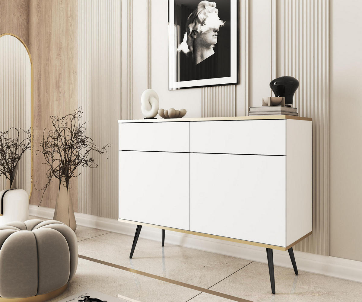 SIDEBOARD ORO Weiß 107x39x85 cm - Weiß, Holzwerkstoff (107/85/39cm) - FURNLUX