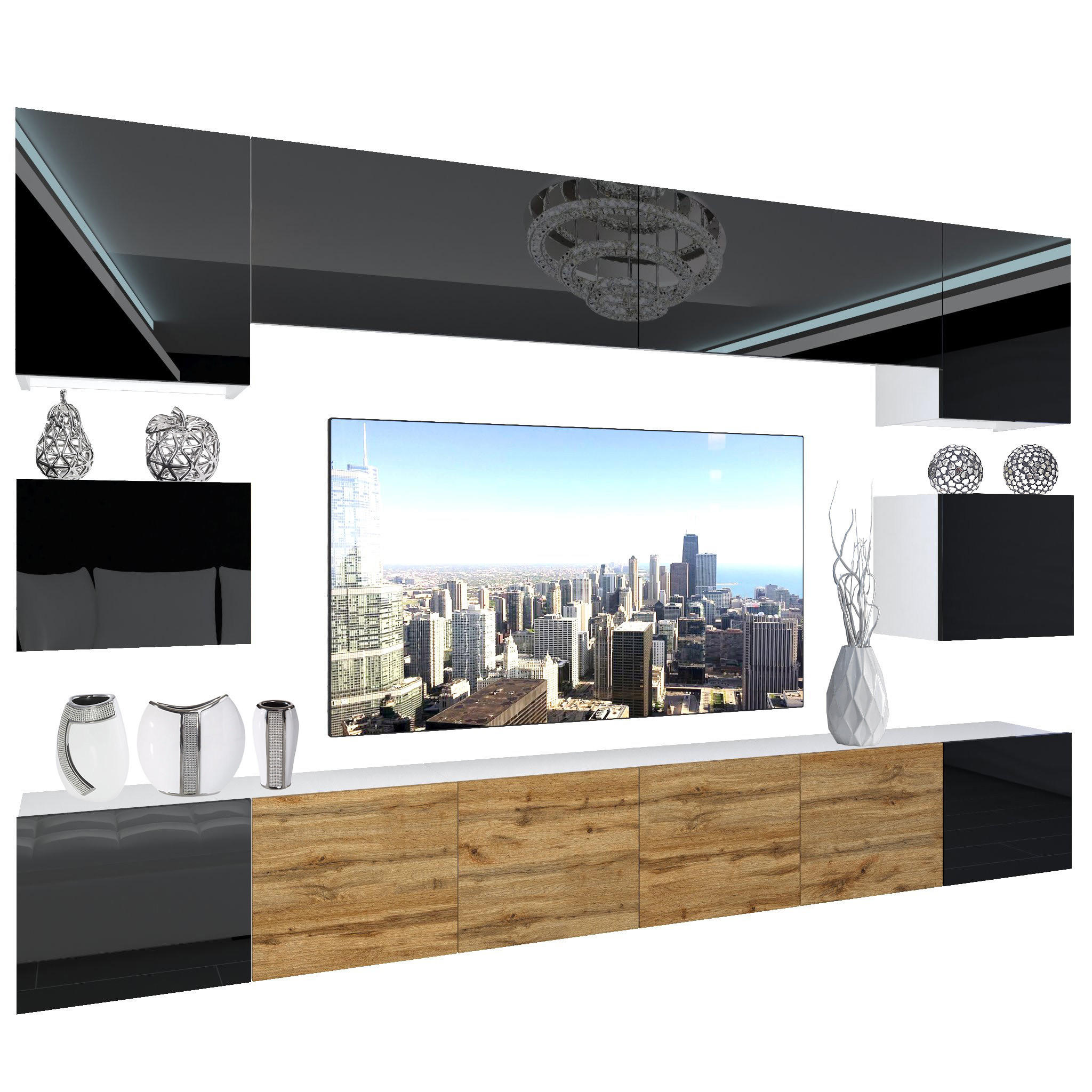 WOHNZIMMERWAND Schrankwand mit LED Schwarz Top / Wotan Eiche seiten Schwarz - Schwarz/Braun, Holz (300/180/36cm) - B BELINI GROUP