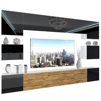 WOHNZIMMERWAND Schrankwand mit LED Schwarz Top / Wotan Eiche seiten Schwarz - Schwarz/Braun, Holz (300/180/36cm) - B BELINI GROUP