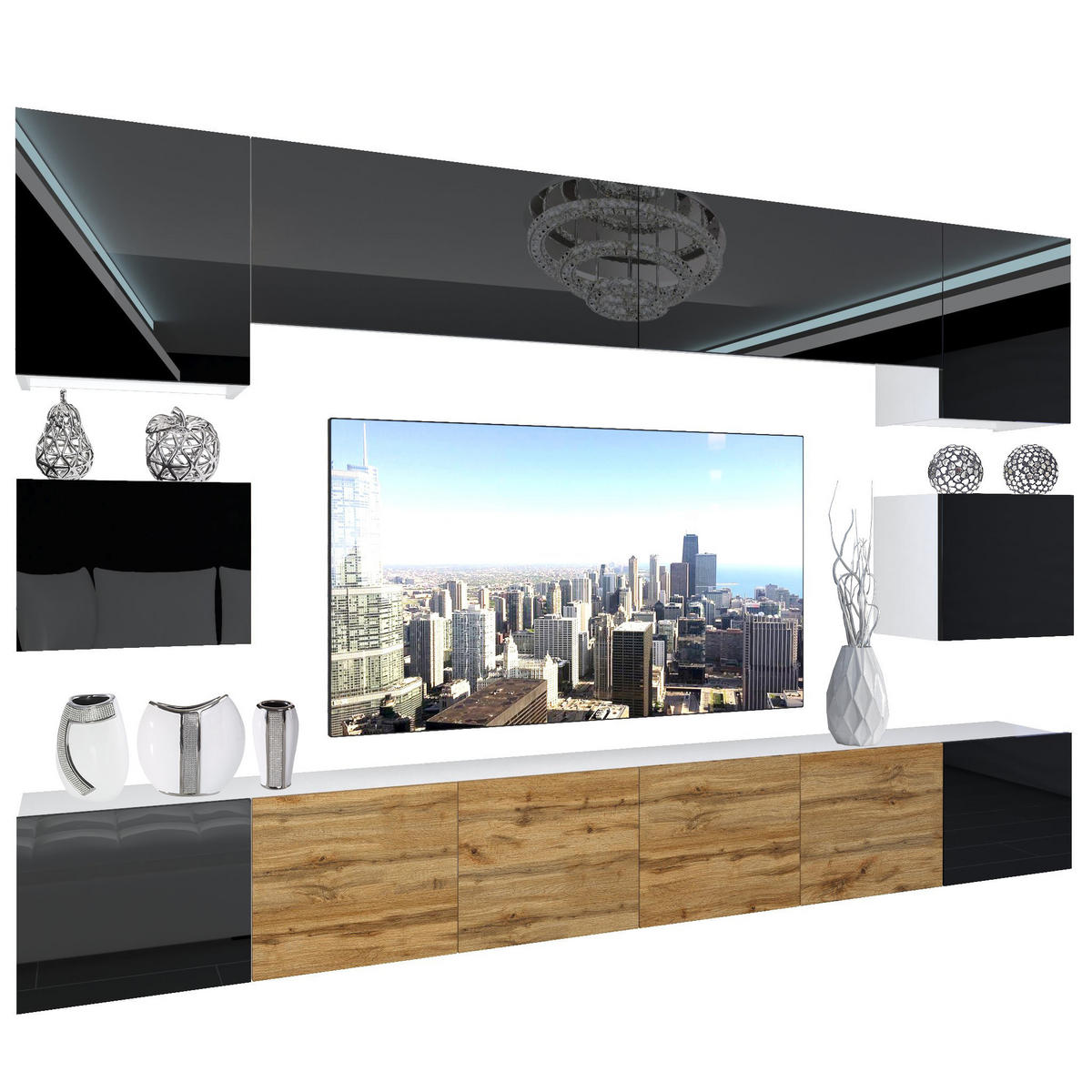WOHNZIMMERWAND Schrankwand mit LED Schwarz Top / Wotan Eiche seiten Schwarz - Schwarz/Braun, Holz (300/180/36cm) - B BELINI GROUP
