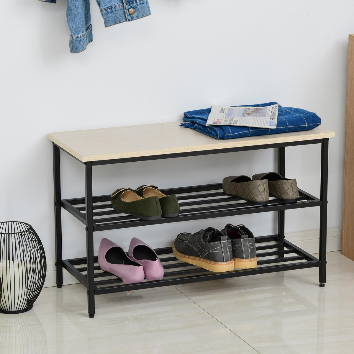 2-IN-1 Garderobenset mit Sitzbank Wandgarderobe für Eingangsbereich 6 Haken - Naturfarben, Holzwerkstoff (30/45/75cm) - HOMCOM