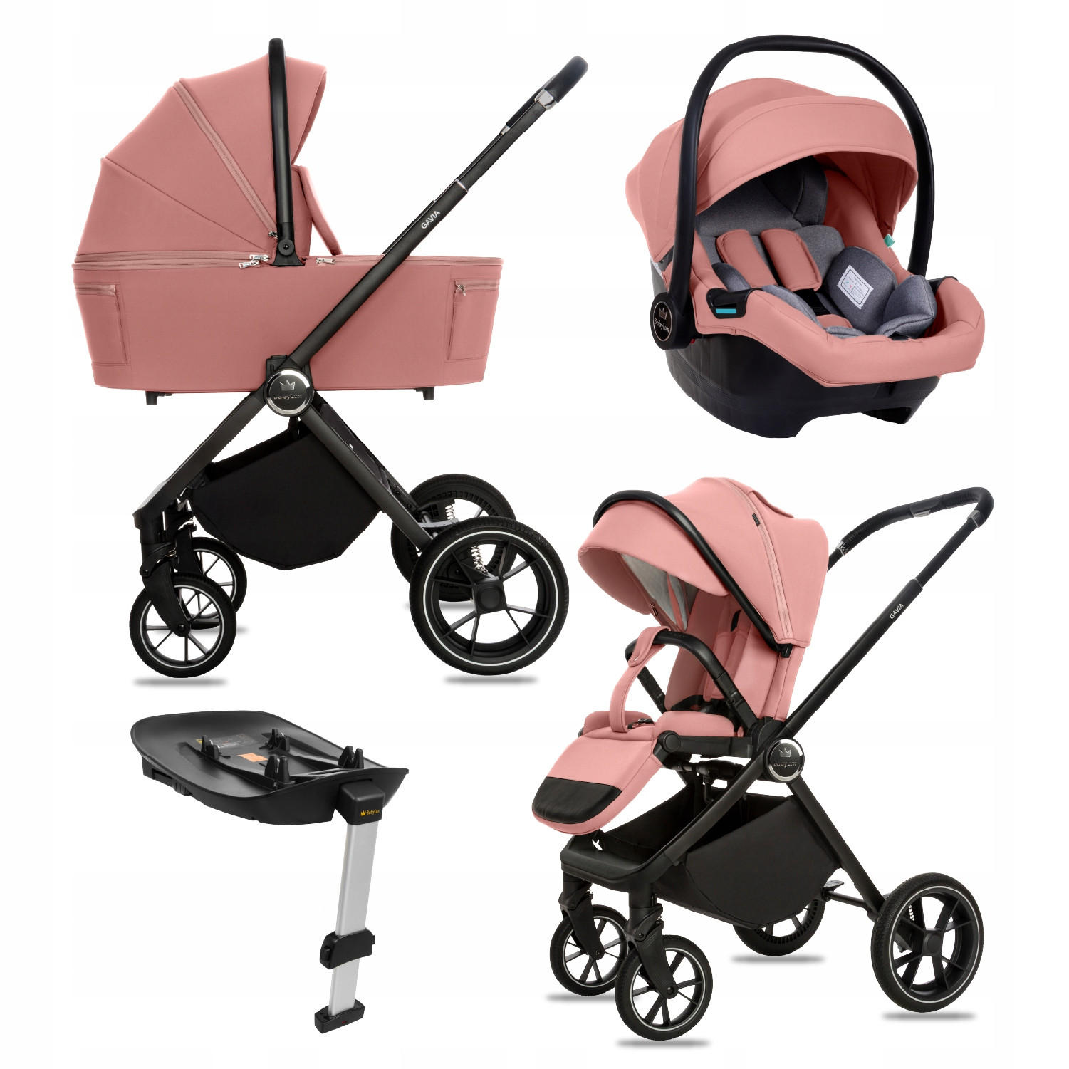 KINDERWAGEN Gavia 4in1 Olive Babywanne, Reisebuggy, Autositz, Isofix Basis - Schwarz/Rosa, Textil/Metall (58/98cm) - BabyLux