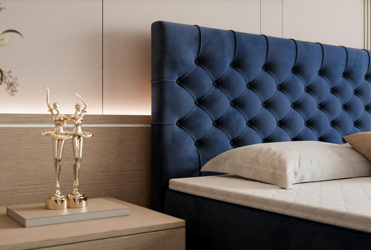 BOXSPRINGBETT Aurora mit Bettkasten, Dunkelblau Samt 180x200 cm – inkl. H3 Matratze und Topper - Schwarz/Dunkelblau, Holzwerkstoff/Kunststoff (180/200cm) - WFL GROUP