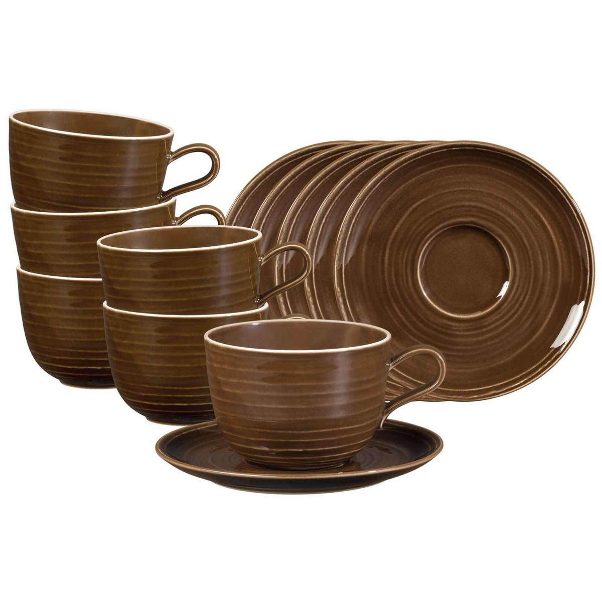 MILCHKAFFEETASSEN MIT UNTERTASSEN Terra Erdbraun 400 ml 6er Set - Braun, Keramik (0.4L) - Seltmann Weiden