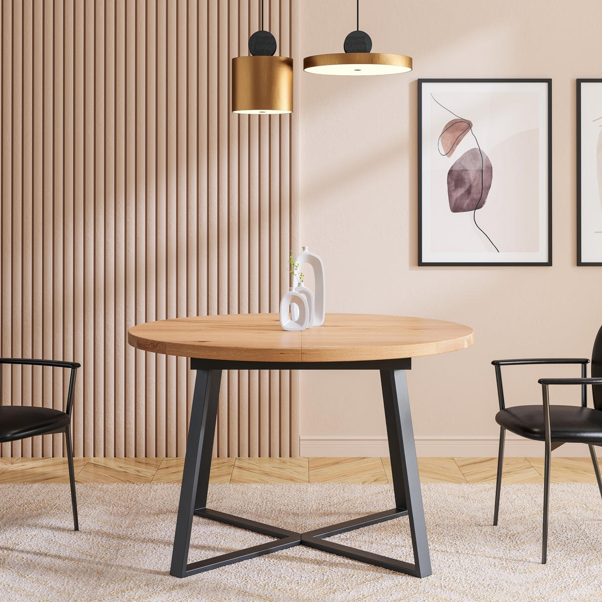 TISCH Ausziehbar Axis aus massivem Eichenholz 100 cm + Tischverlängerung 1x45 cm - Eichefarben/Schwarz, Holz/Metall (100/100/75cm) - Danzz