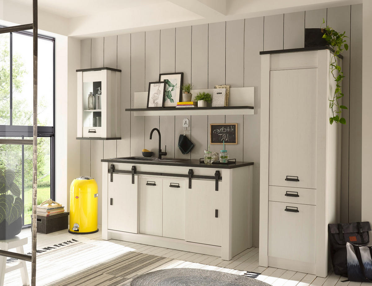 KÜCHEN-SET weiß Pinie, anthrazit 4-teilig, Küchenschrank Set im Landhaus-Stil - Anthrazit/Schwarz, Glas/Holzwerkstoff (161/201/64cm) - Furn.Design