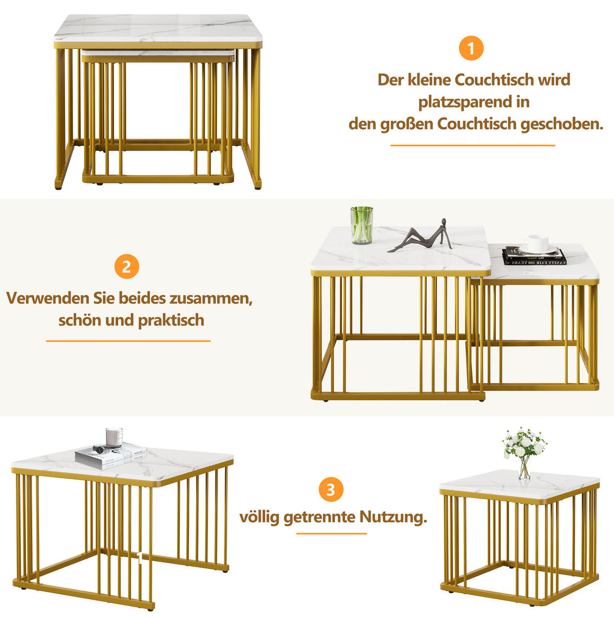 KLUBSKA miza, komplet 2 kosov, 60/60/45 in 45/45/40 cm, MDF bela v marmornem videzu - bela, leseni material (60/60/45cm) - BEAOK