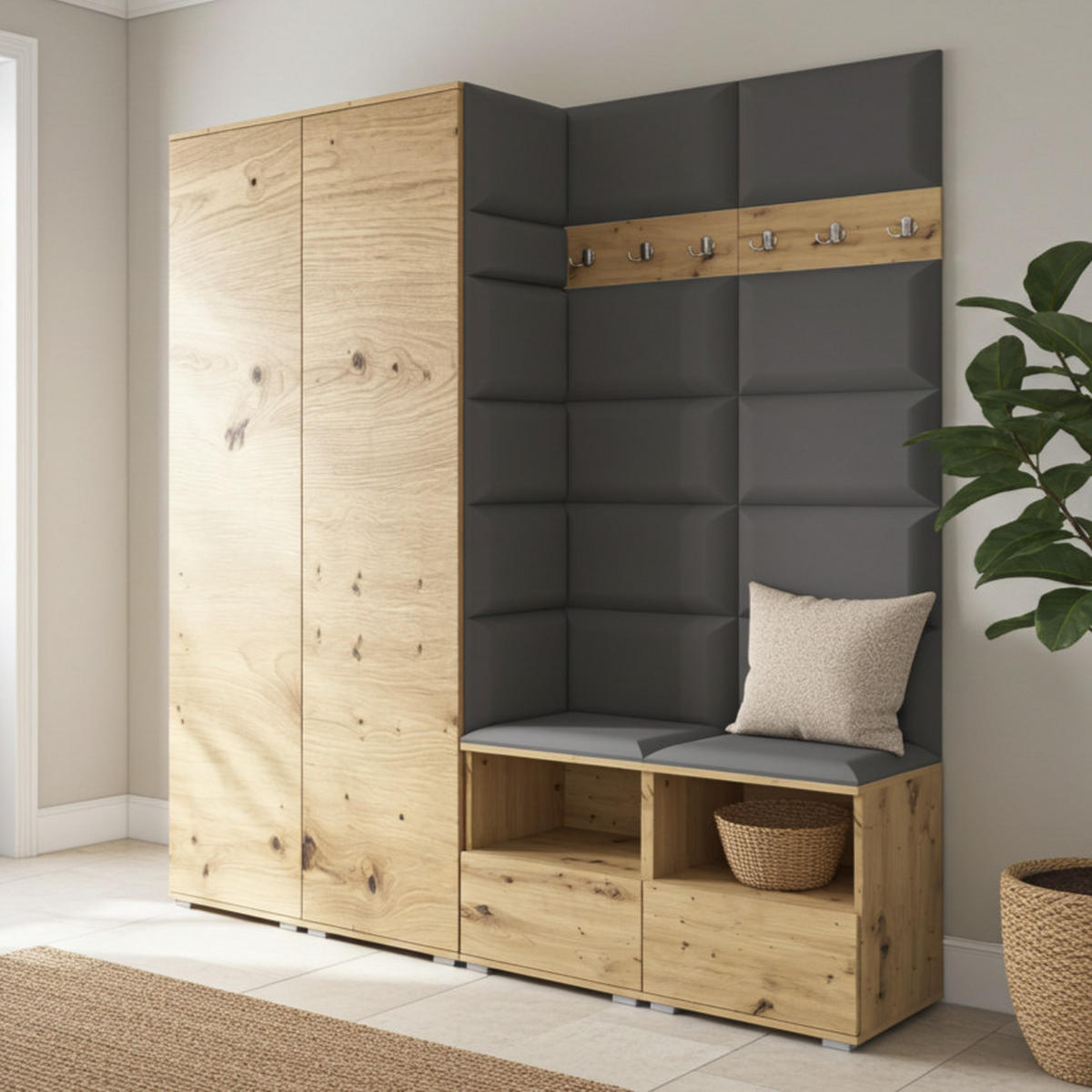 GARDEROBE NELA VI 200 cm (Kompaktgarderobe Artisan Eiche mit Sitzpolster Dunkelgrau 15 Schrank & Paneel) - Dunkelgrau/Silberfarben, Holz/Holzwerkstoff (200/187/40cm) - Ravio
