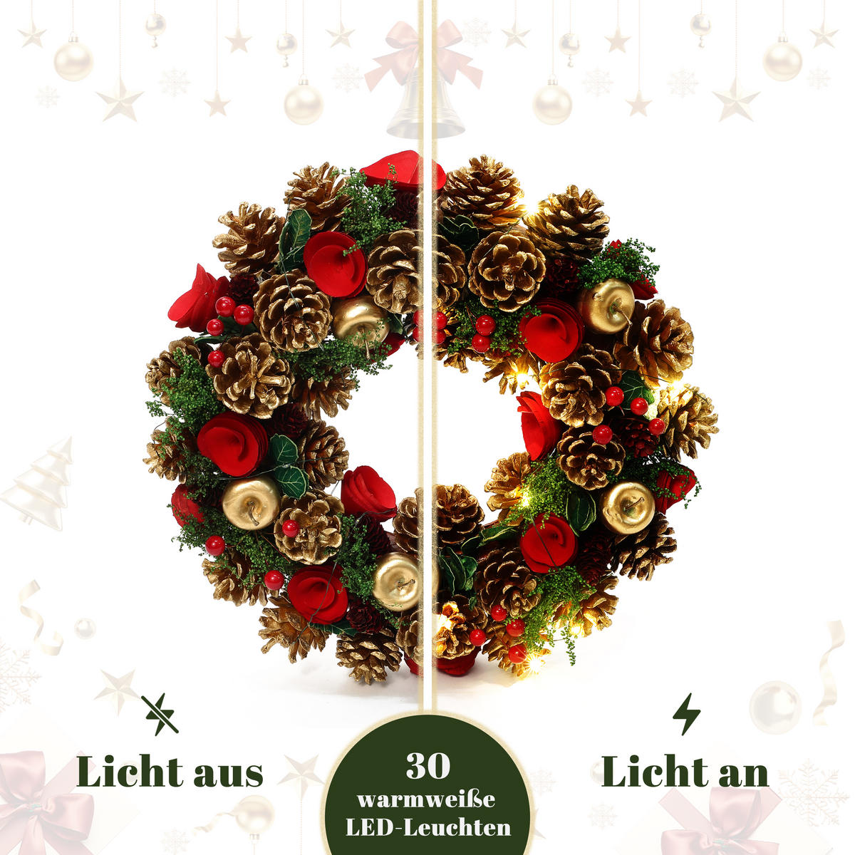 WEIHNACHTSKRANZ mit 15 LEDs, Timer, Zapfen & Blüten - Dunkelgrün, Naturmaterialien (34cm) - Hometopia