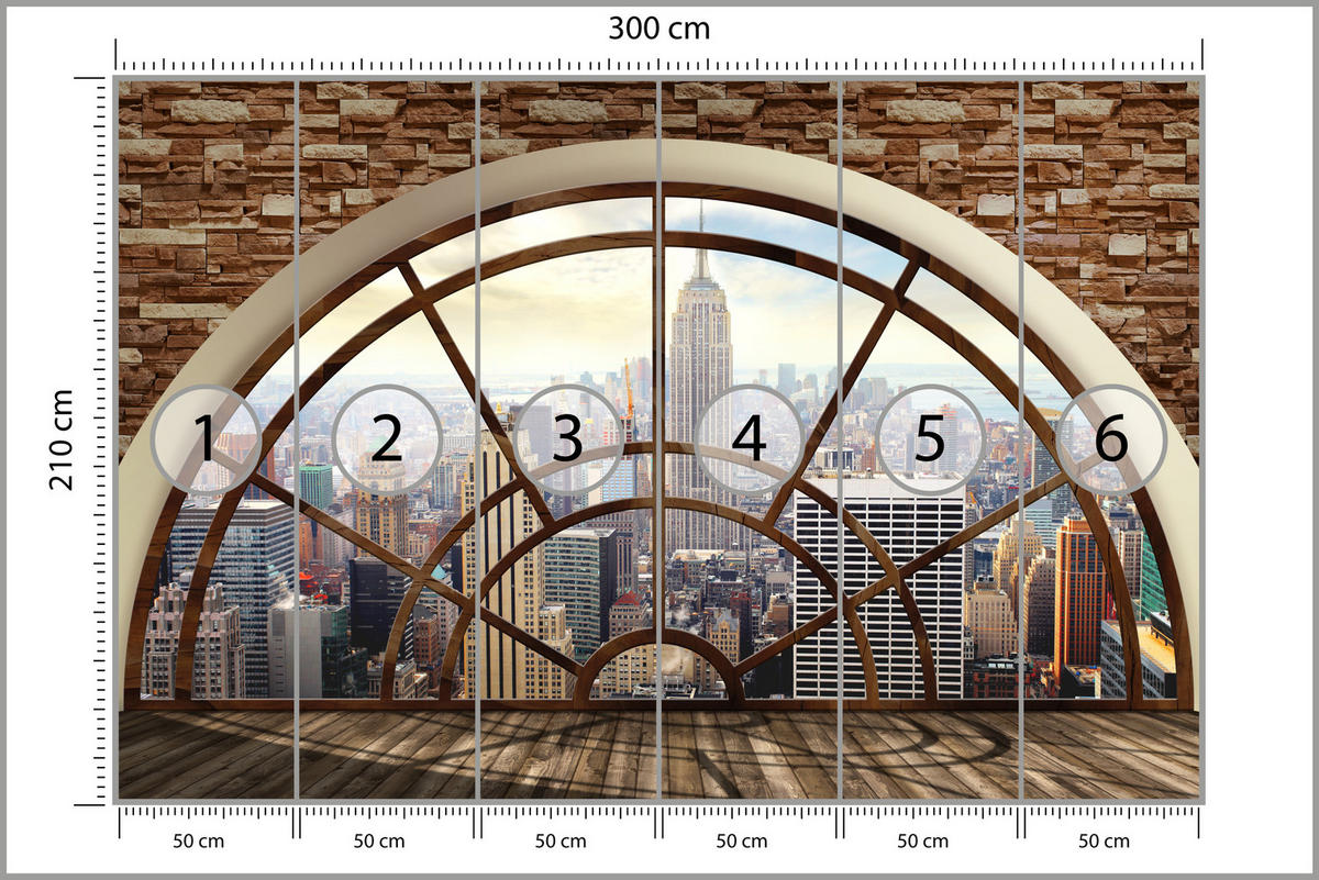 FOTOTAPETE für Wohnzimmer New York Fensterblick Panorama Stadt 300x210 - Beige/Braun, Papier (300/210cm) - Muralo