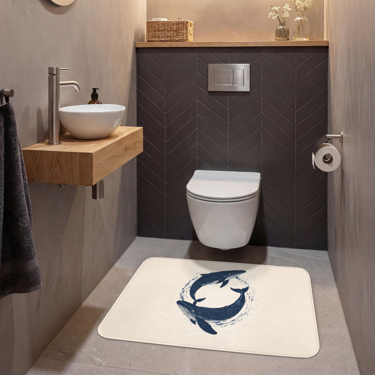 WC PŘEDLOŽKA Velryby - Stříkance - Kruh - Tmavě modrá 90x60 cm - tmavě modrá, textil/plast (90/1cm) - OnlyWow