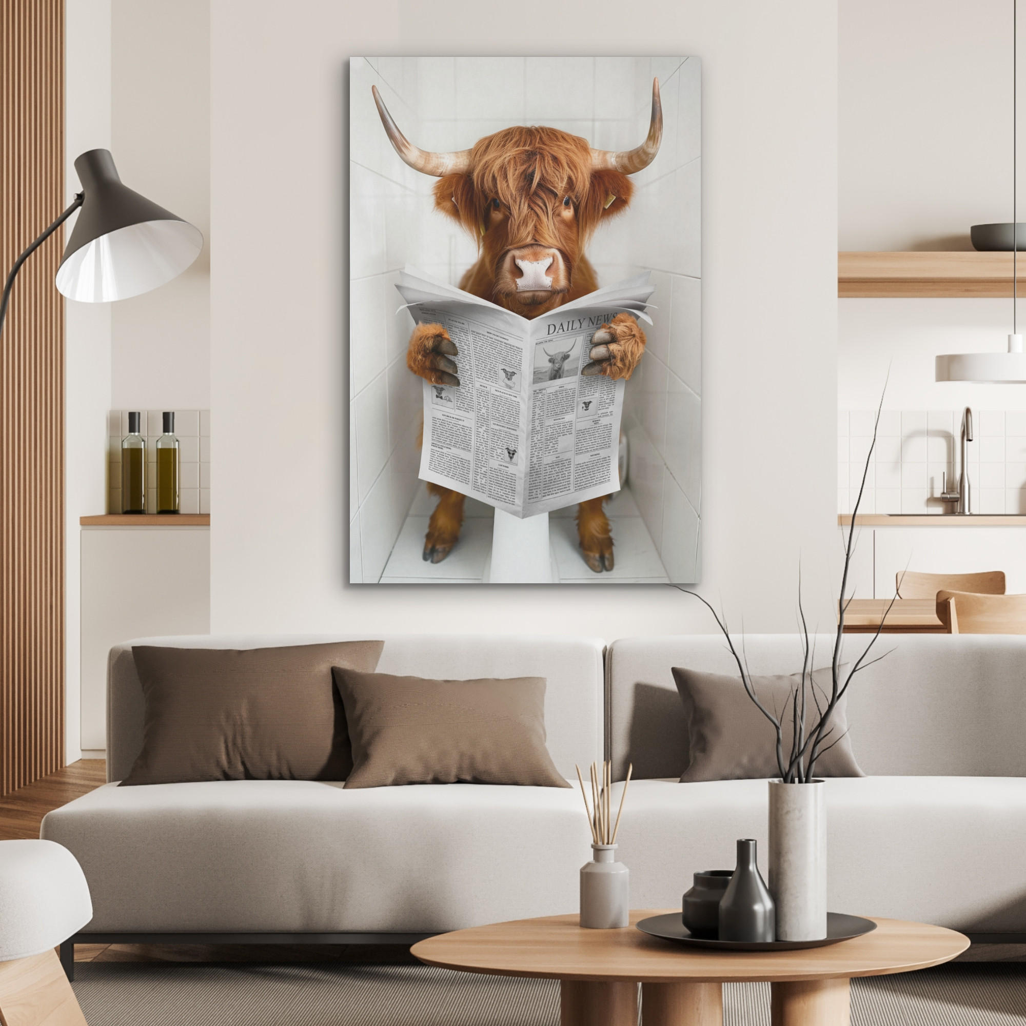 AKUSTIKPANEEL Schottisches Hochlandrind - Tier - Zeitung - Toilette 70x100 cm - Kastanienfarben, Textil (70/0.9/100cm) - MuchoWow