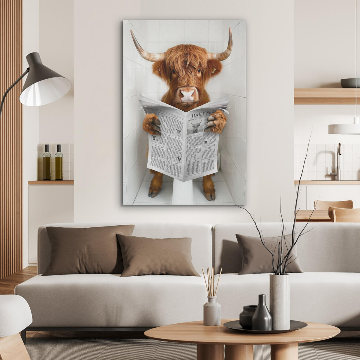 AKUSTIKPANEEL Schottisches Hochlandrind - Tier - Zeitung - Toilette 70x100 cm - Kastanienfarben, Textil (70/0.9/100cm) - MuchoWow