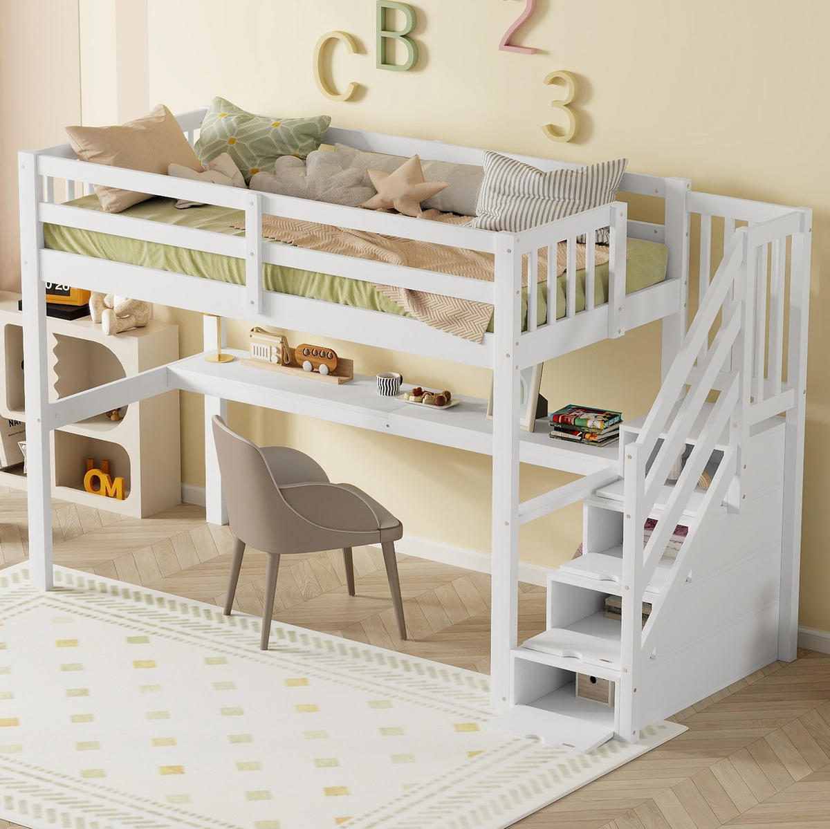 HOCHBETT 90/200 cm in Weiß – mit Schreibtisch, Stauraumtreppe und Rausfallschutz - Weiß, Holz (90/200cm) - BEAOK