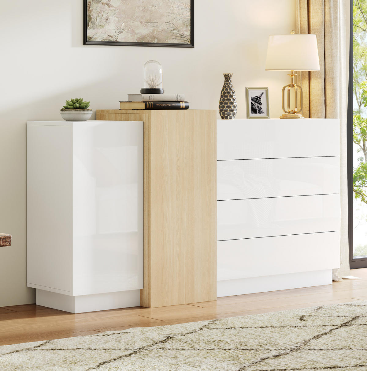 SIDEBOARD aus MDF 140x35x76,5 cm Weiß Hochglanz mit 4 Schubladen und Push-to-open - Weiß, Holzwerkstoff (140/76.5/35cm) - IVMEU