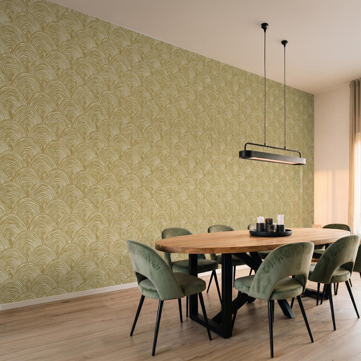 TAPETE - Fächer - Geometrisch - Grün - 500x200 cm - Goldfarben, Papier (500/200cm) - OnlyWow