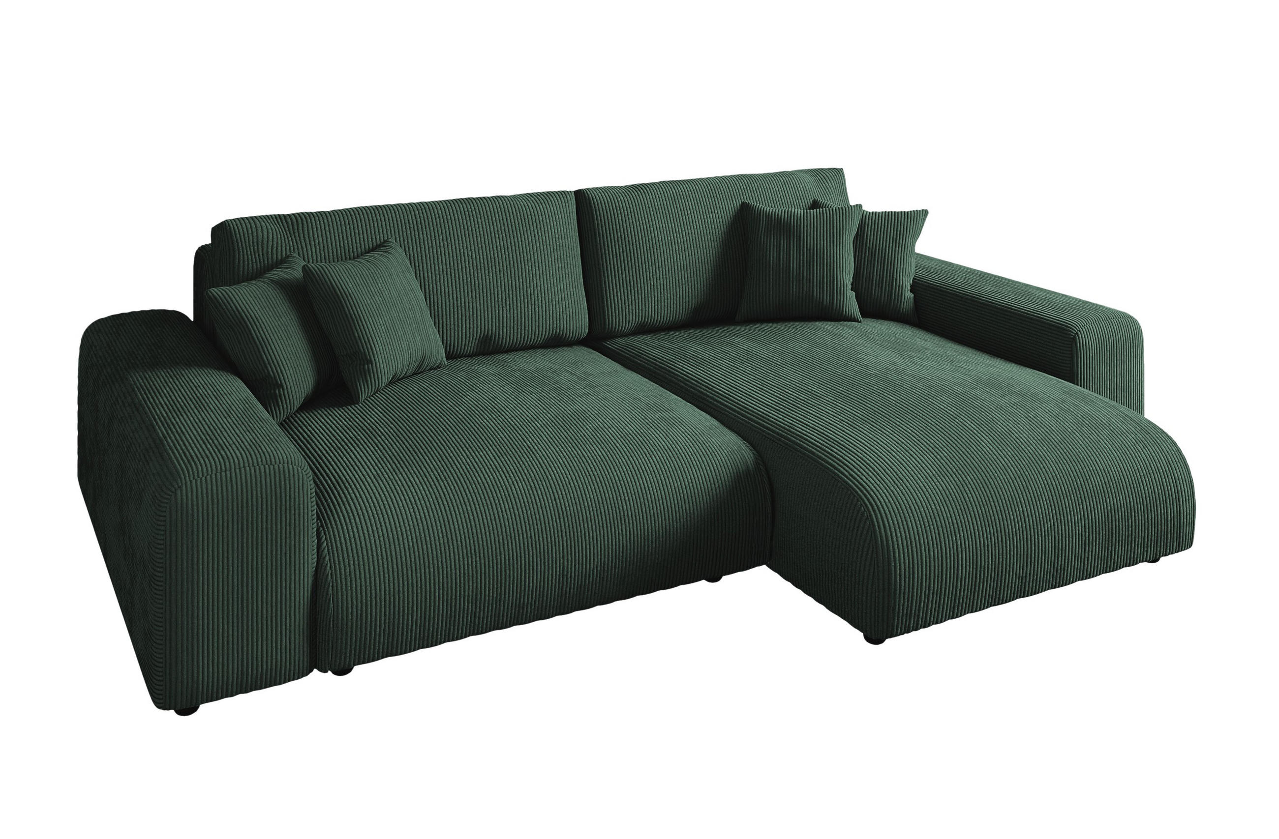 luma-home ROHOVÁ POHOVKA s funkcí rozkládání, úložným prostorem, pružinovým jádrem, Š255/H165/V84 cm, ležecká plocha 148x196 cm, zelený kord / 21005