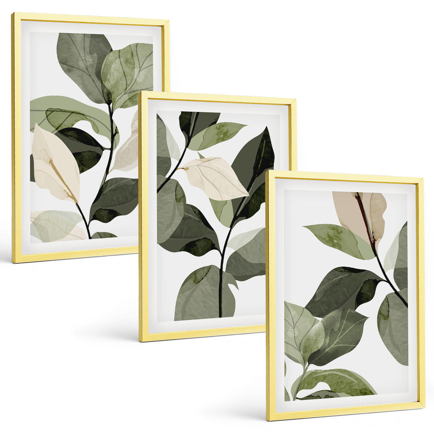 BILDER SET 3er Set - 40x60 cm Goldrahmen - Bemalte Boho-Pflanzenblätter - Goldfarben, Kunststoff (40/60cm) - TULUP