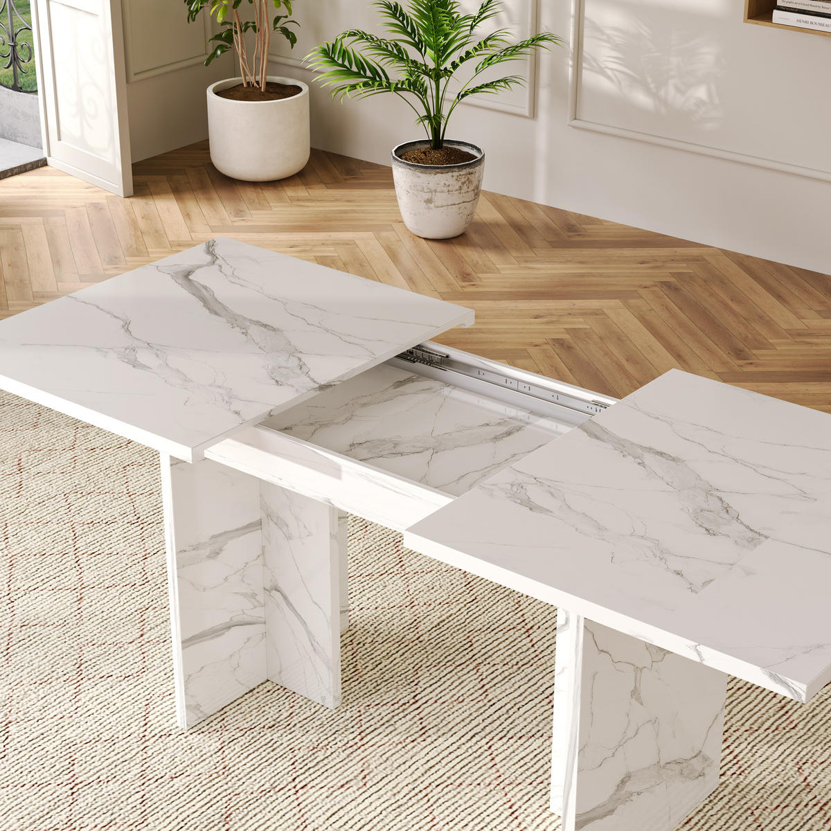 AUSZIEHTISCH 140/180/80 cm White Marble aus MDF mit Untertisch-Aufbewahrung - Weiß, Holzwerkstoff (180/80/75cm) - OKWISH