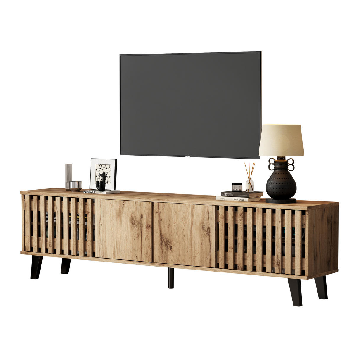 TV-SCHRANK aus Spanplatte 180x40x55 cm Naturholzfarben mit 8 Fächern, 4 Türen und offener Ablage - Hellbraun, Holzwerkstoff (180/55/40cm) - Modfu