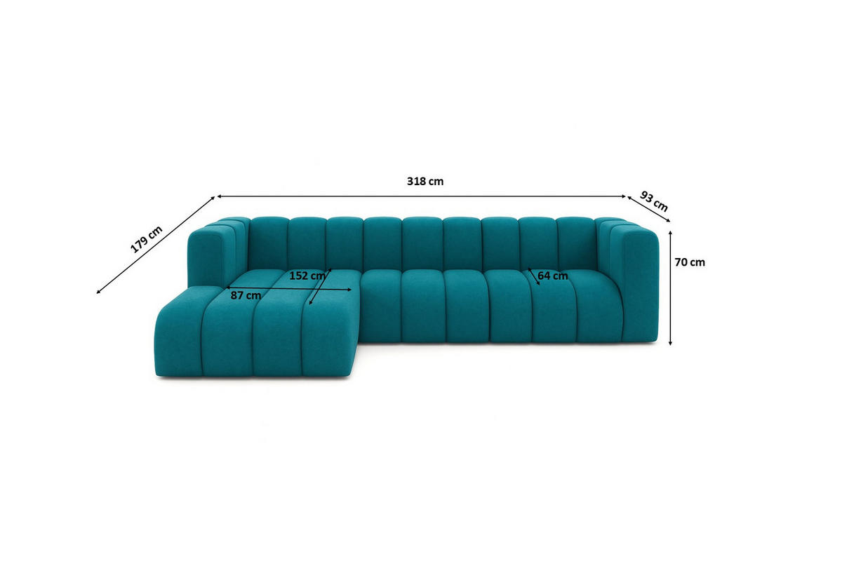 ECKSOFA L-Form GRAND 318 cm, Stoff Salvador, Azurblau, Links - Blau, Holz (318/179cm) - Kaiser Möbel