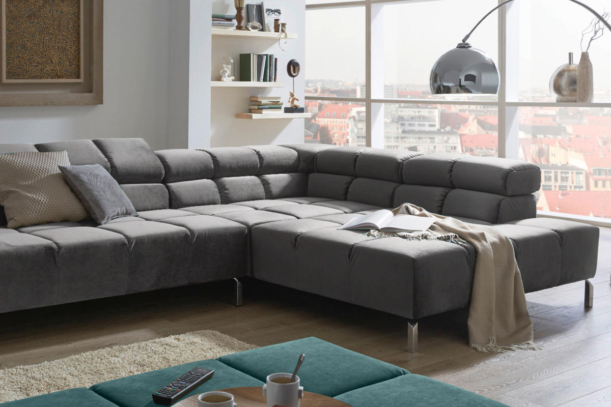 ECKSOFA MIT MOTORISCHEM SITZVORZUG NELSON Grau Velvet Relaxfunktion - Silberfarben/Grau, Textil (321/216cm) - KAWOLA