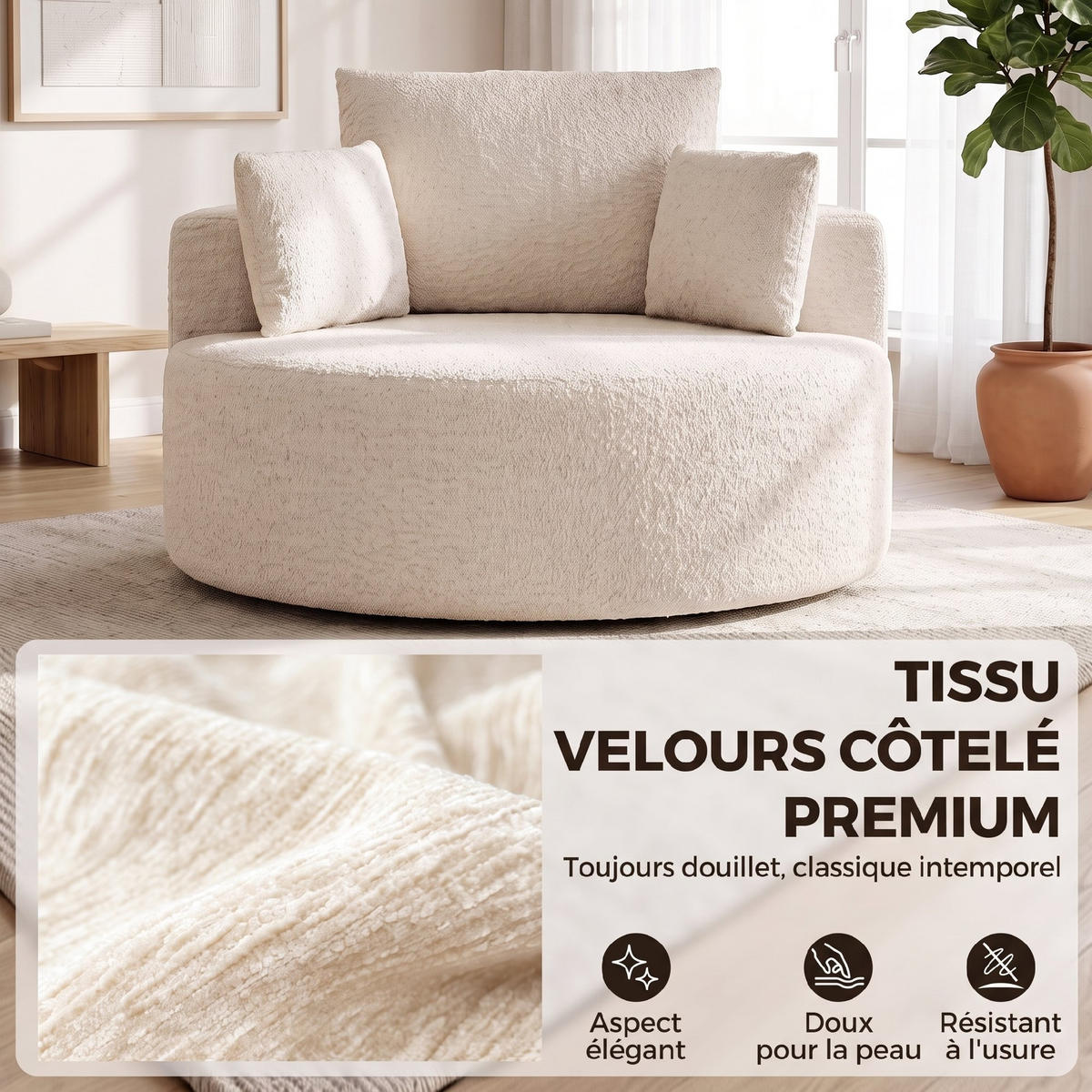 SESSEL Creme 130/130/82 cm - Creme, Textil (130/82/130cm) - PANGIVO