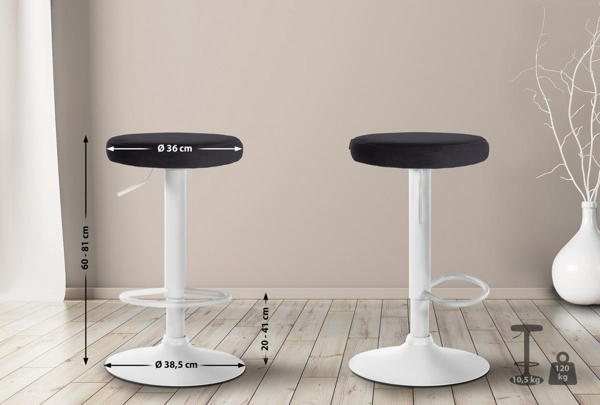 BARHOCKER Samt schwarz - Schwarz/Weiß, Textil/Metall (38.5/60/38.5cm) - CLP