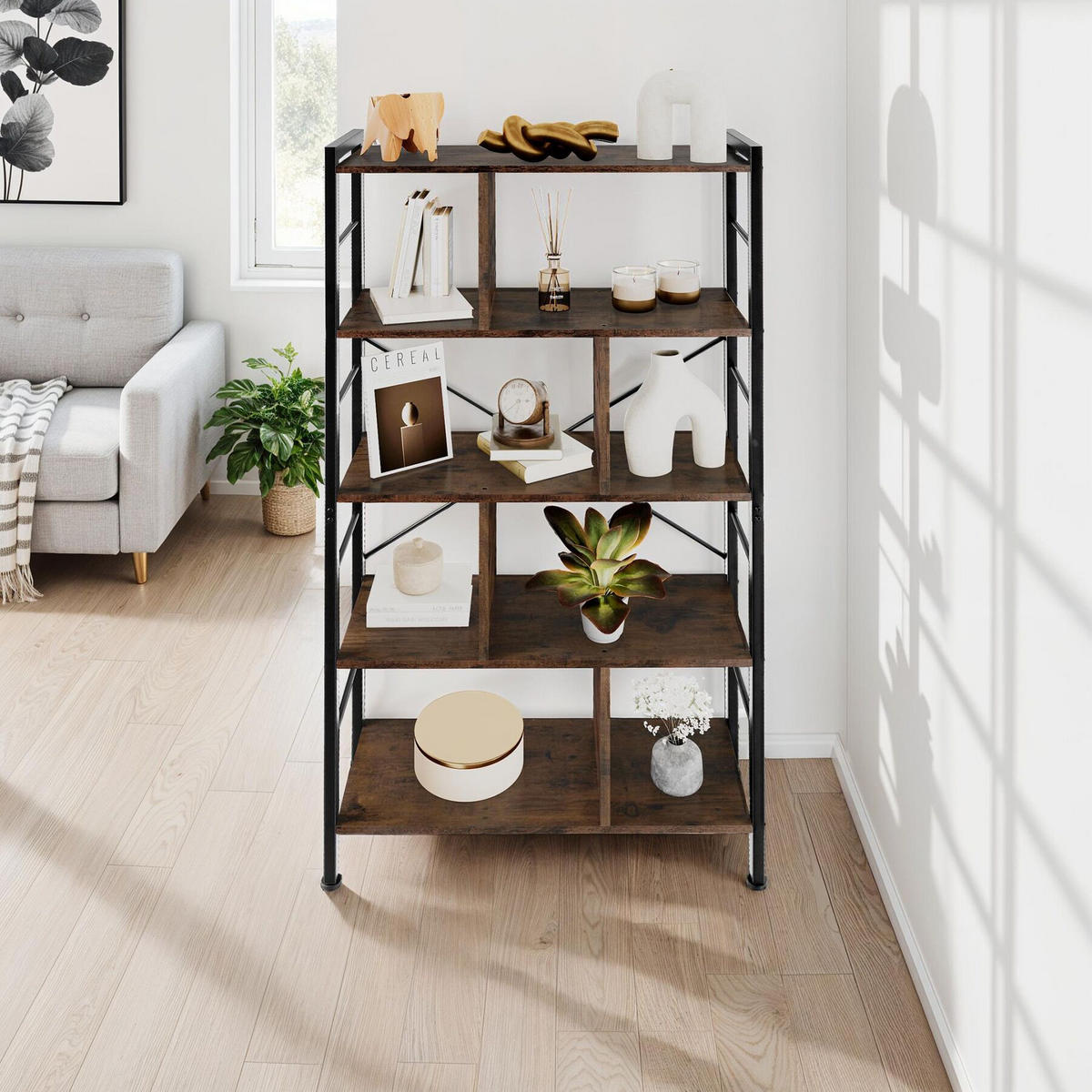 REGAL Charleston,inklusive Kippschutz, 75,5 x 30 x 155 cm,Industrial Holz dunkel, rustikal - Rostfarben, Holzwerkstoff (30/155/75.5cm) - tectake