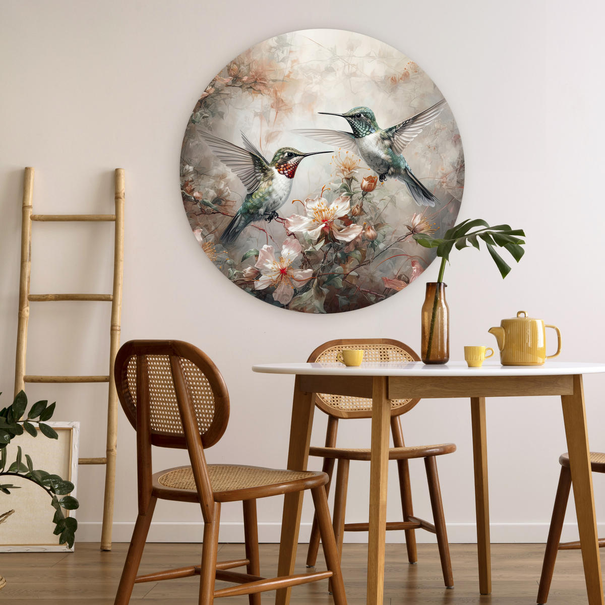 WANDBILD Kolibri - Vögel - Blumen - Pflanzen 90x90 cm - Hellgrün, Kunststoff (90/90cm) - MuchoWow