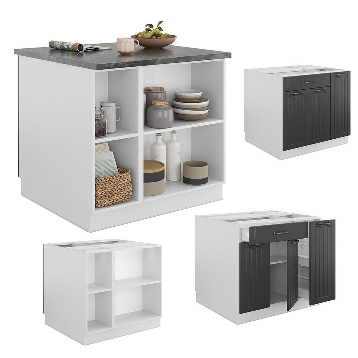 KÜCHENINSEL Fame-Line Anthrazit Landhaus/Weiß 90 cm mit Schublade ohne AP - Dunkelgrau/Anthrazit, Holzwerkstoff (90/82/60cm) - Vicco