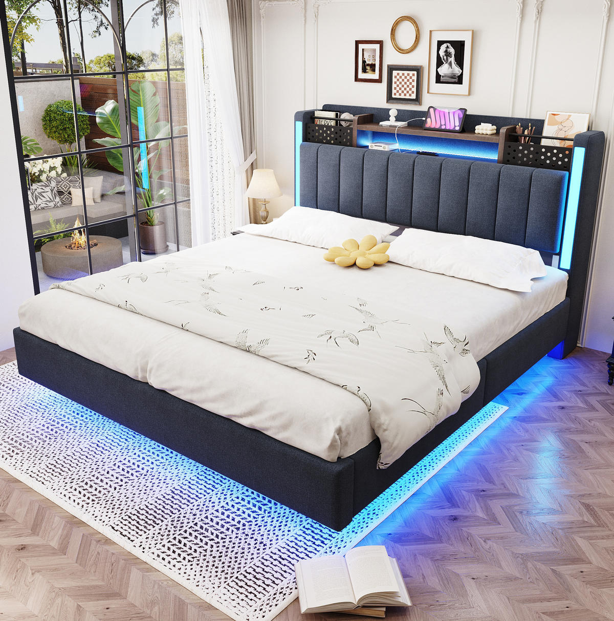 ČALÚNENÁ posteľ z ľanu 140x200 cm sivá s LED osvetlením, USB portom a úložným čelom - sivá, textil (140/200cm) - Modfu