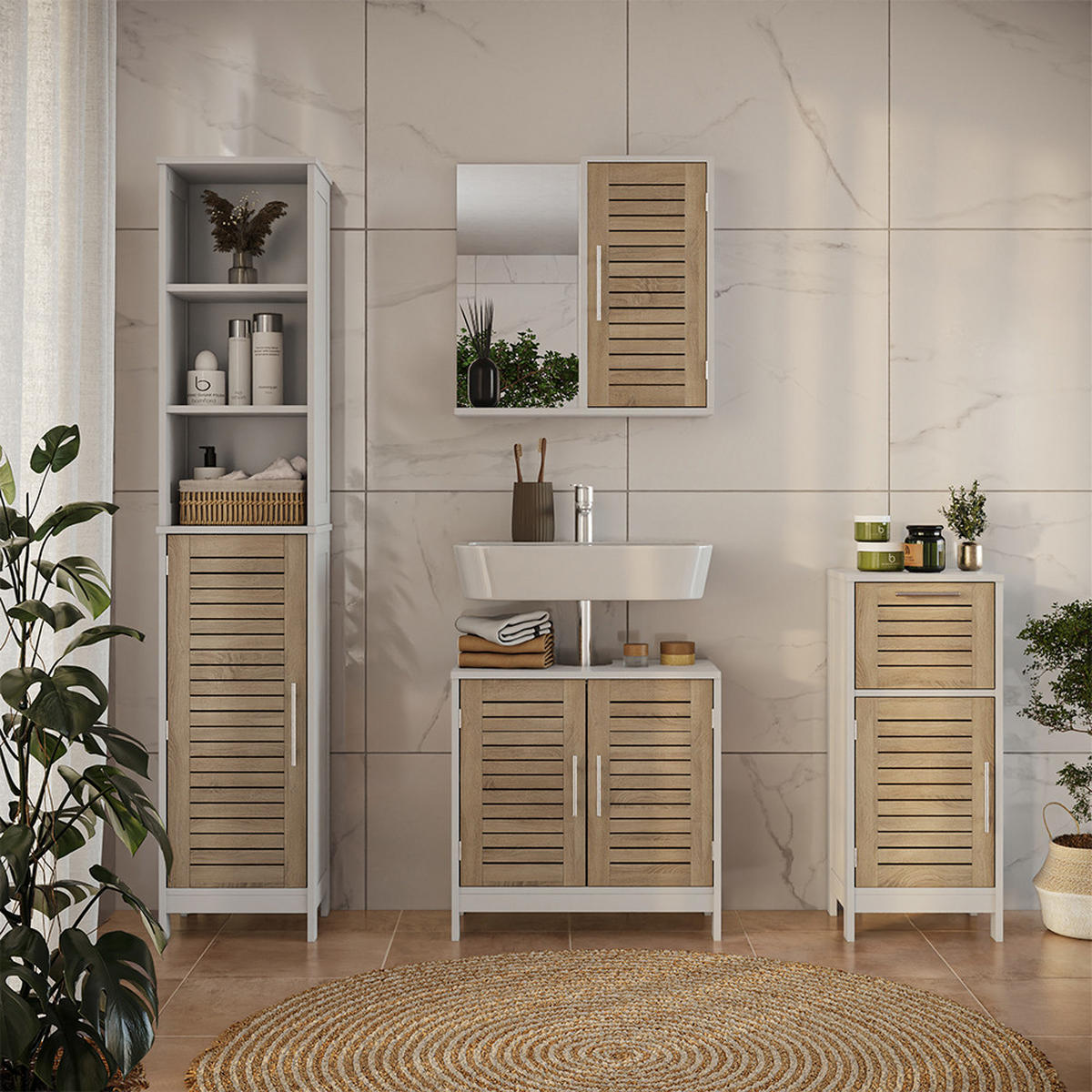 BADMÖBEL-SET Looma Weiß/Eiche 4 Teile - Weiß, Holzwerkstoff (60/60/29.6cm) - Vicco