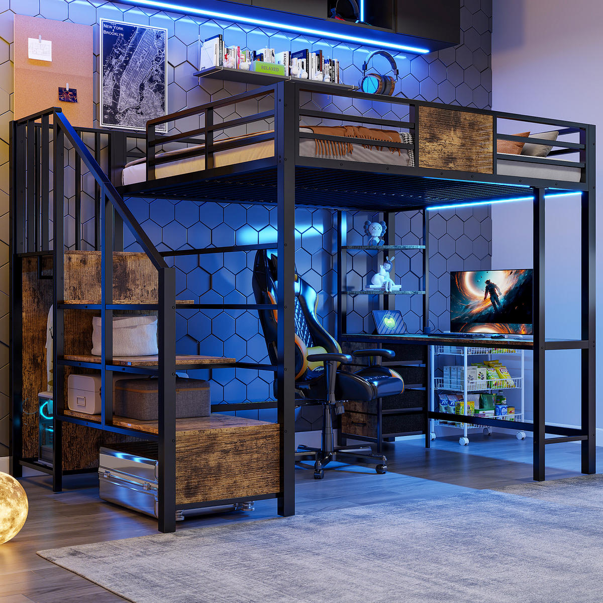 HOCHBETT 140/200 cm aus Metall mit Schreibtisch, LED, Schwarz - Schwarz, Metall (140/200cm) - OKMYHOME