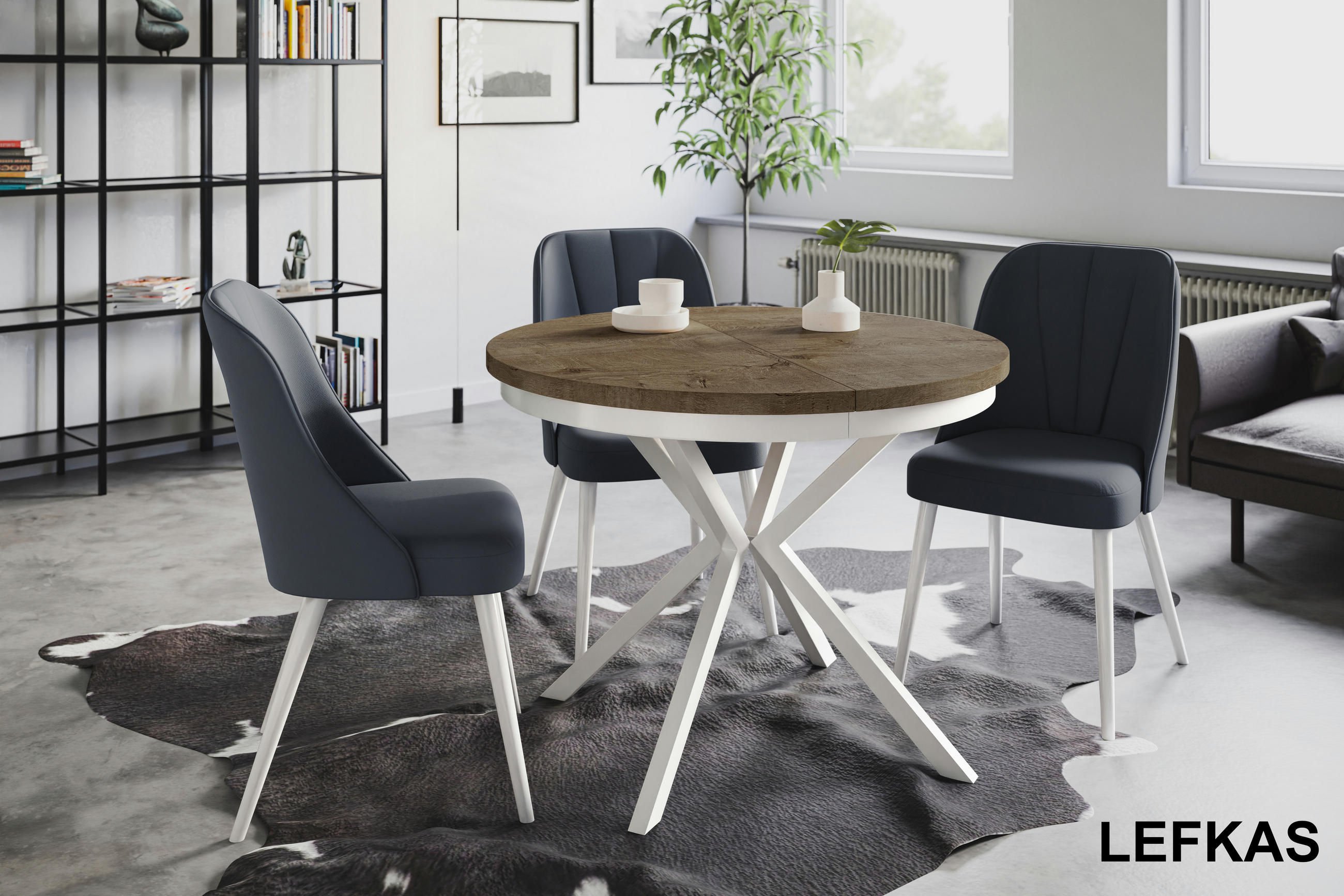 ESSZIMMERTISCH BERGO, ausziehbarer Tisch 90 cm/170 cm, Farbe: Grau, mit Metallbeinen in Farbe Weiß - Dunkelbraun/Weiß, Holzwerkstoff (90/90/76cm) - Alpi-Möbel