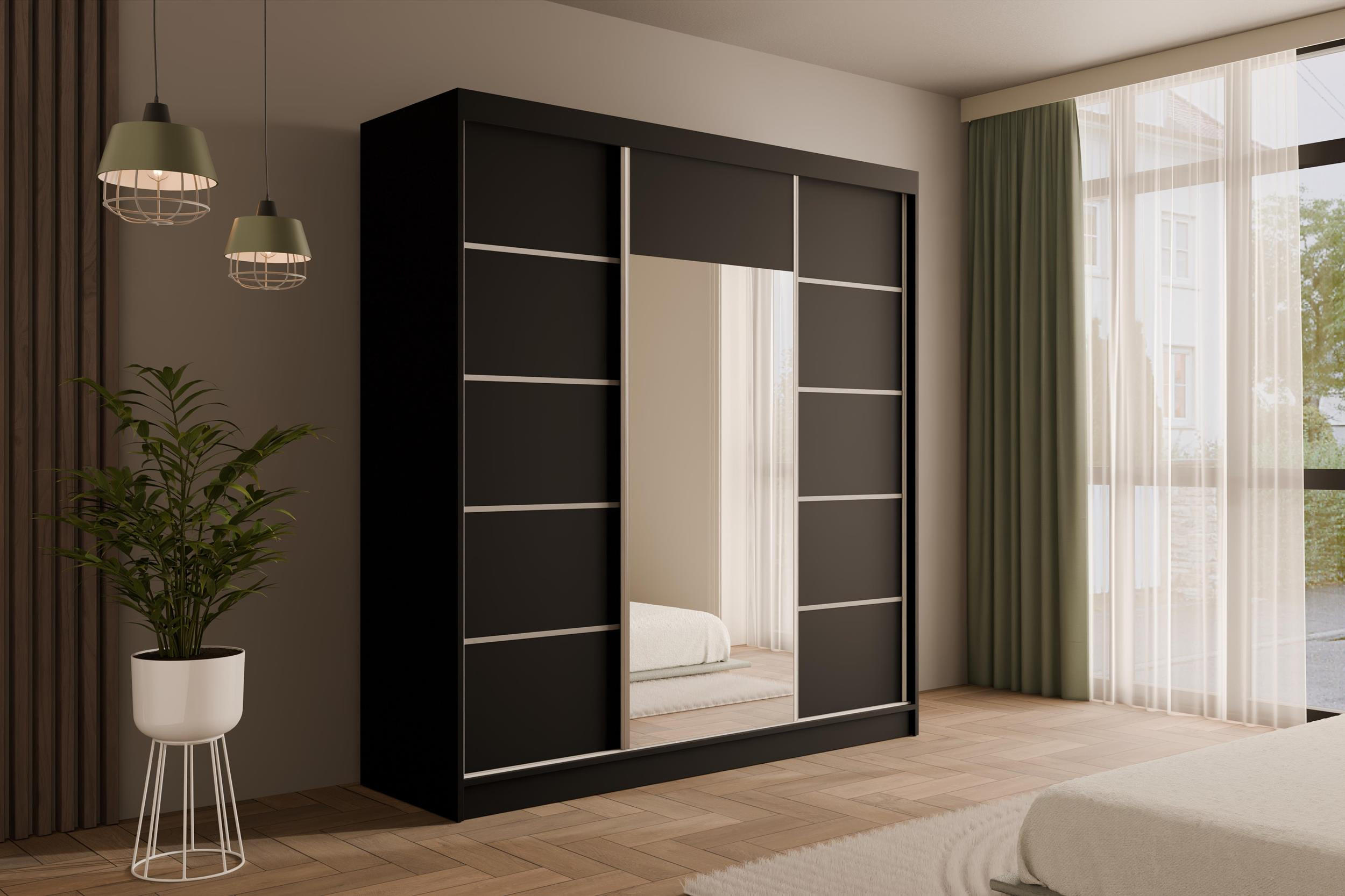 KLEIDERSCHRANK mit Spiegel V2-LINEA 215x200 cm Schwarz - Schwarz, Holzwerkstoff (200/215/61cm) - ALTDECOR